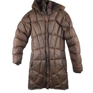 EUC Mountain Hardwear Womens Brown Quilted Down Parka Coat W/ Faux Fur Hood & In